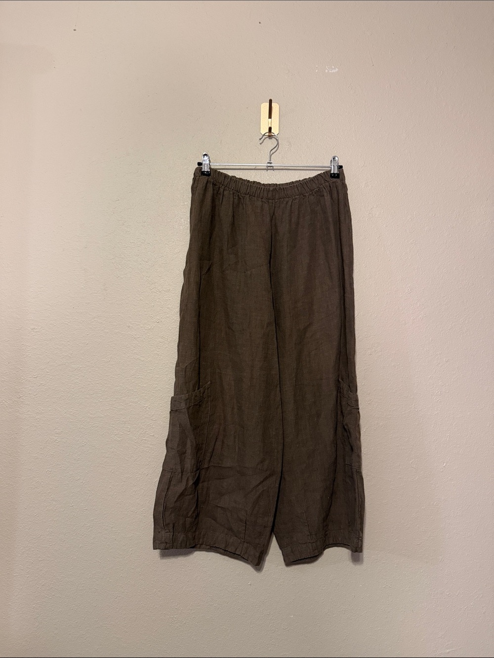 Bryn Walker Wide Leg Crop Linen Pants Olive Brown Lagenlook Minimalist Size Med